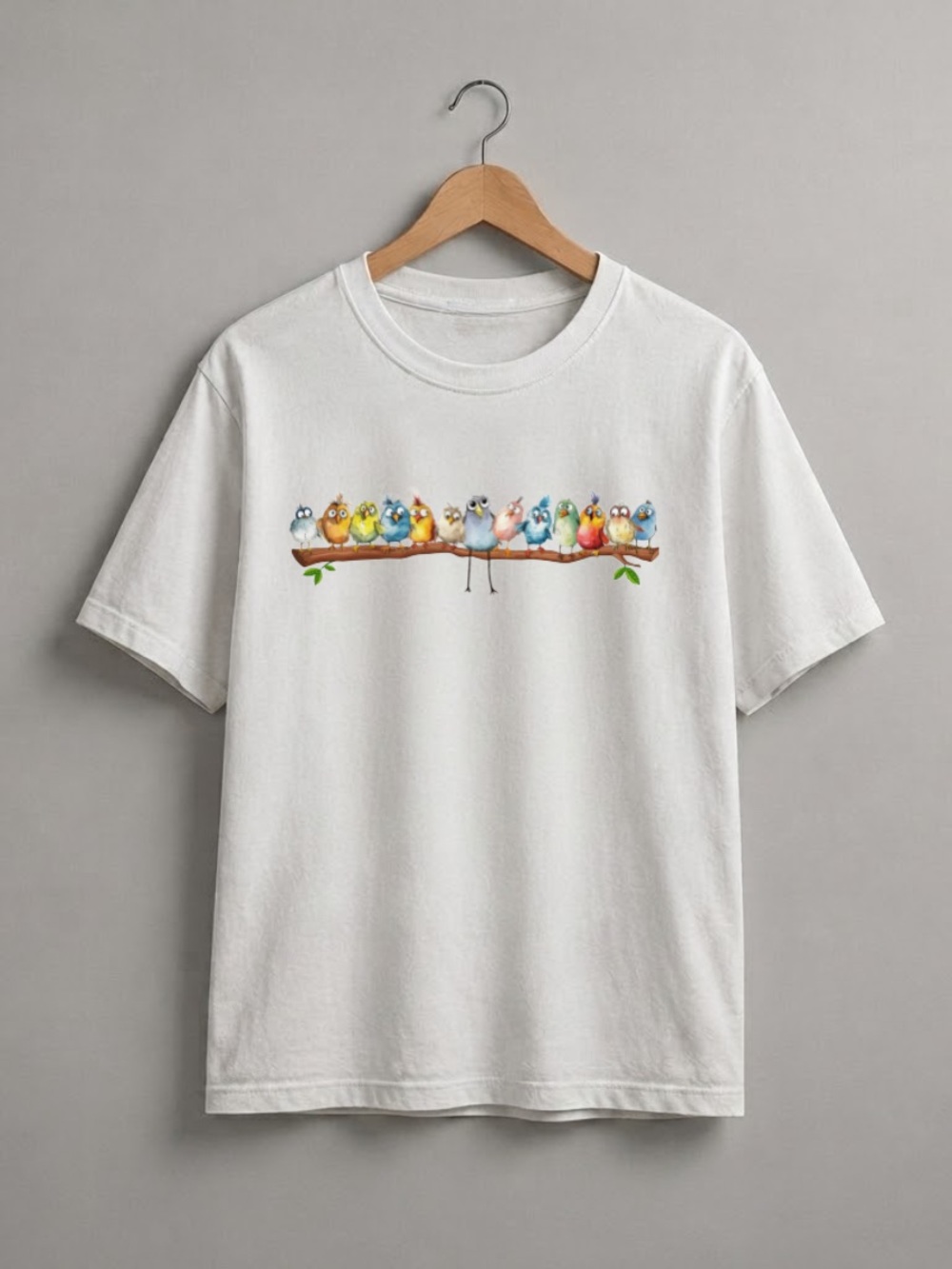 White Tee with Colorful Bird Row Graphic